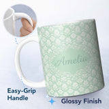 Personalized Custom Name Mint Damask Floral Seamless Pattern Elegant Vintage Ornamental 11oz Ceramic Coffee Tea Mug White Large Handle