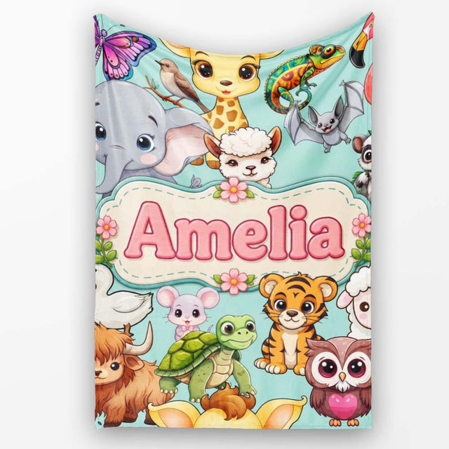 Cute Cartoon Jungle Safari Animals Seamless Pattern on Teal Lovely  Personalised Custom Name Super Soft Fleece Blanket Bed Sofa Throw
