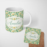 Personalized Custom Name Cream Poppy Floral Seamless Pattern Soft Artistic Botanical Bloom 11oz Ceramic Coffee Tea Mug White Large Handle