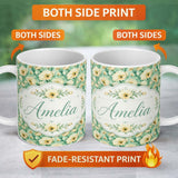 Personalized Custom Name Cream Poppy Floral Seamless Pattern Soft Artistic Botanical Bloom 11oz Ceramic Coffee Tea Mug White Large Handle