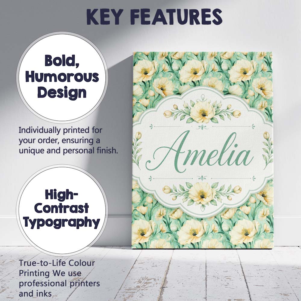 Personalised Name Cream Poppy Floral Custom Premium Decorative Design Modern Room Accent Canvas Wall Art Print Decor Picture Ready to Hang