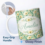 Personalized Custom Name Cream Poppy Floral Seamless Pattern Soft Artistic Botanical Bloom 11oz Ceramic Coffee Tea Mug White Large Handle