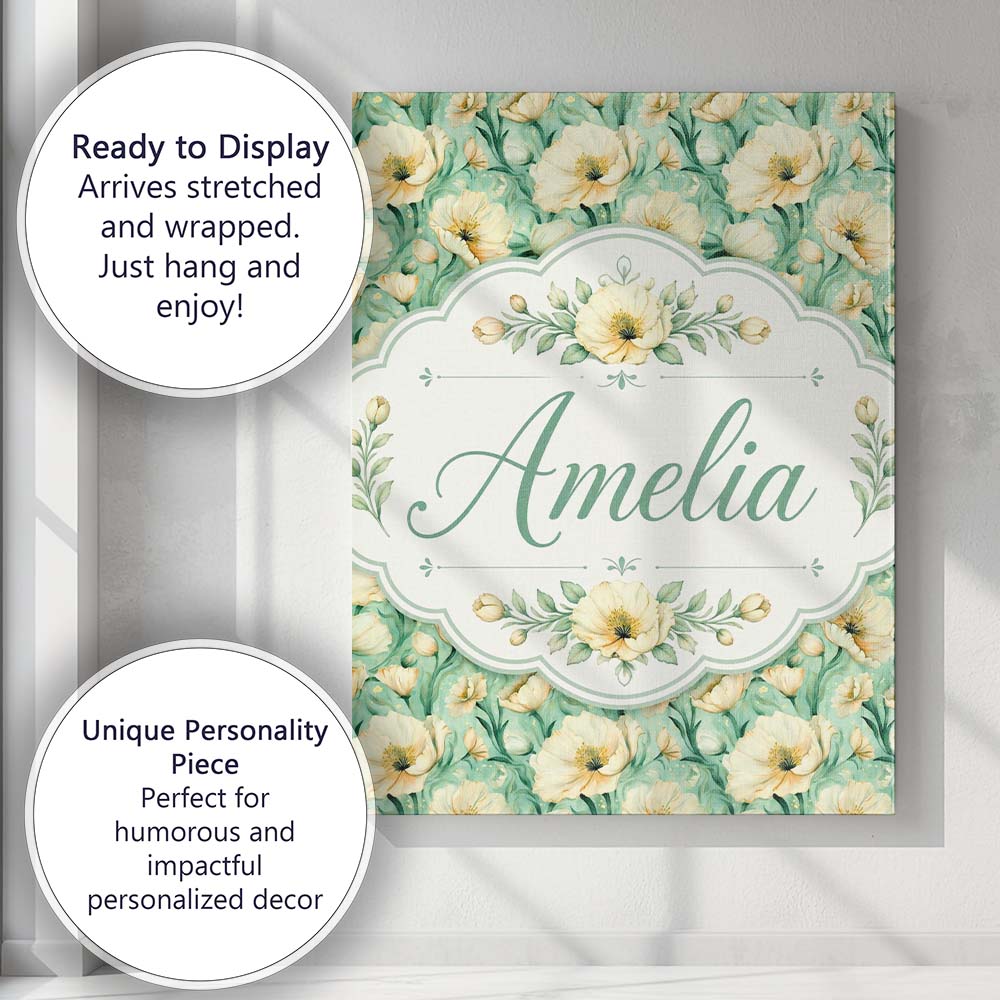 Personalised Name Cream Poppy Floral Custom Premium Decorative Design Modern Room Accent Canvas Wall Art Print Decor Picture Ready to Hang