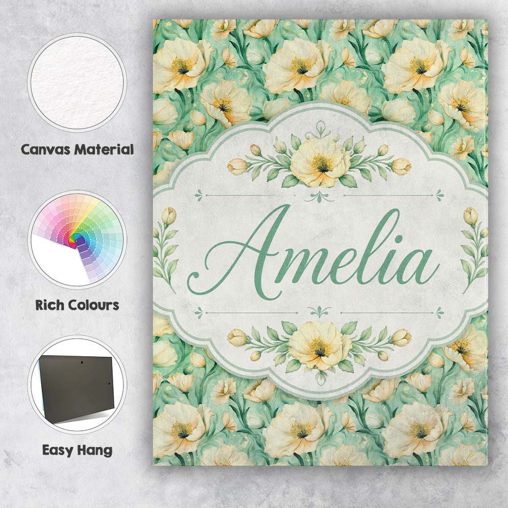 Personalised Name Cream Poppy Floral Custom Premium Decorative Design Modern Room Accent Canvas Wall Art Print Decor Picture Ready to Hang