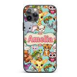 Cute Cartoon Jungle Safari Animals Printed Design Custom Name Protective Phone Case Mobile Cover Durable Everyday Smartphone Shock Resistant