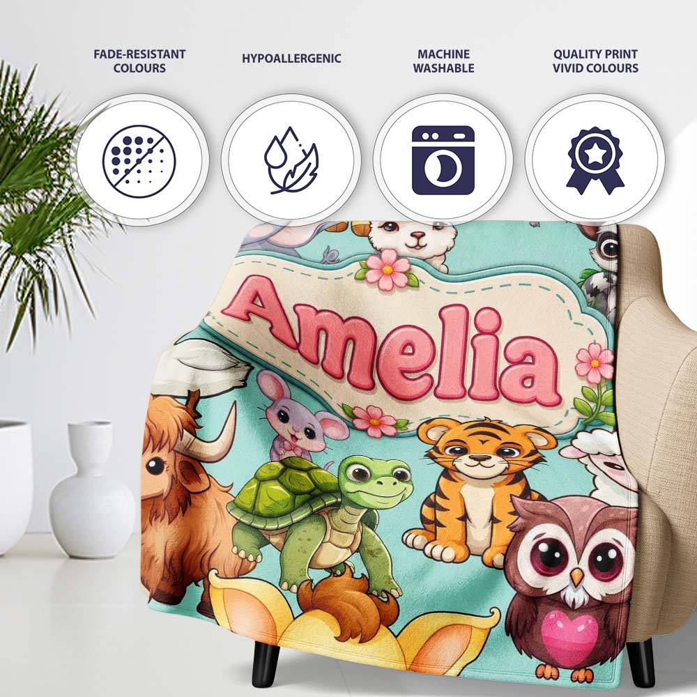 Cute Cartoon Jungle Safari Animals Seamless Pattern on Teal Lovely  Personalised Custom Name Super Soft Fleece Blanket Bed Sofa Throw