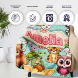 Cute Cartoon Jungle Safari Animals Seamless Pattern on Teal Lovely  Personalised Custom Name Super Soft Fleece Blanket Bed Sofa Throw