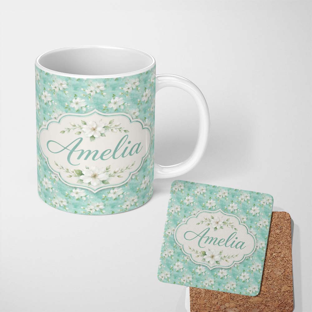 Personalized Custom Name Teal White Blossom Floral Seamless Pattern Soft Textured Botanical 11oz Ceramic Coffee Tea Mug White Large Handle