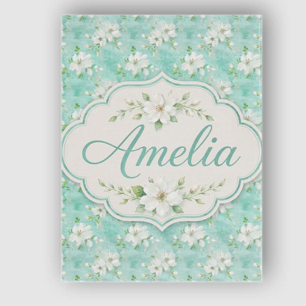 Personalised Name Teal White Blossom Floral Custom  Bespoke Interior Contemporary Canvas Wall Art Print Decor Picture Ready to Hang