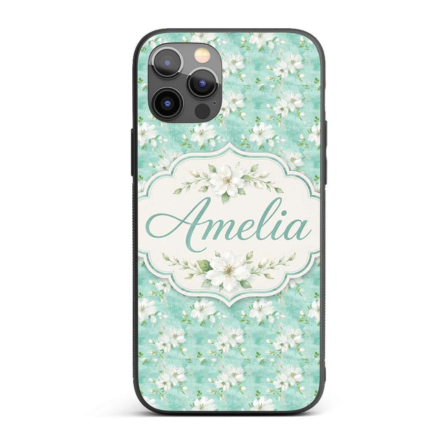 Teal White Blossom Floral Seamless Pattern Soft Custom Name Protective Phone Case Mobile Cover Durable Everyday Smartphone Shock Resistant