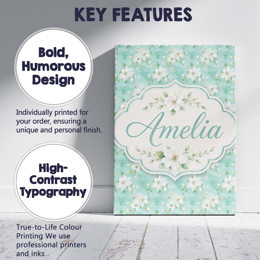 Personalised Name Teal White Blossom Floral Custom  Bespoke Interior Contemporary Canvas Wall Art Print Decor Picture Ready to Hang