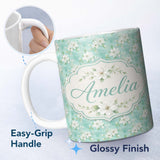 Personalized Custom Name Teal White Blossom Floral Seamless Pattern Soft Textured Botanical 11oz Ceramic Coffee Tea Mug White Large Handle