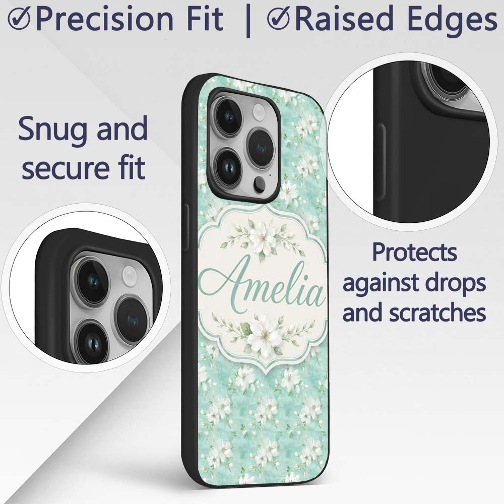 Teal White Blossom Floral Seamless Pattern Soft Custom Name Protective Phone Case Mobile Cover Durable Everyday Smartphone Shock Resistant