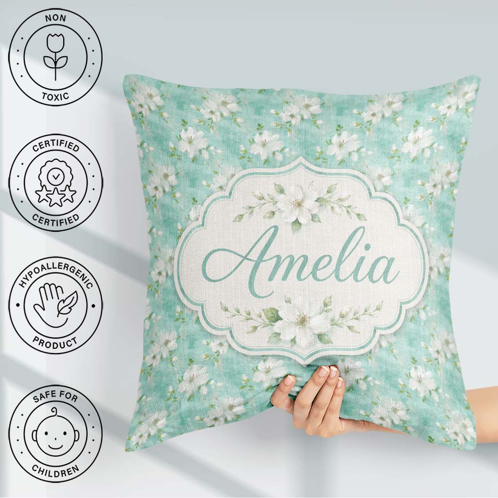 Custom Name Teal White Blossom Floral Seamless Pattern Botanical Square Filled Cushion Throw Pillow Sofa Bed Home Decor Zip Washable UK Made