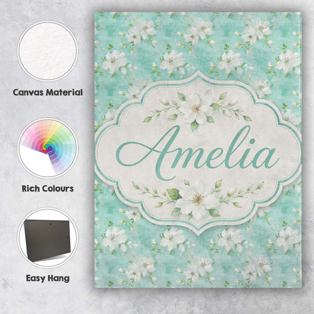 Personalised Name Teal White Blossom Floral Custom  Bespoke Interior Contemporary Canvas Wall Art Print Decor Picture Ready to Hang