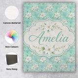 Personalised Name Teal White Blossom Floral Custom  Bespoke Interior Contemporary Canvas Wall Art Print Decor Picture Ready to Hang