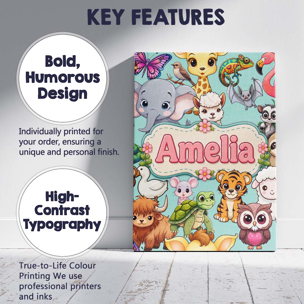 Personalised Name Cute Cartoon Jungle Custom Modern Room Accent Creative Decorator Style Canvas Wall Art Print Decor Picture Ready to Hang