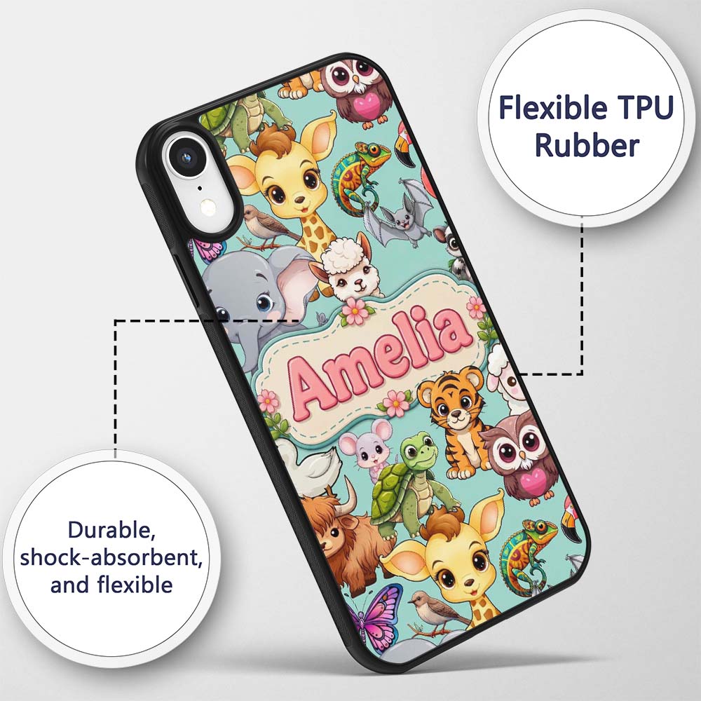 Cute Cartoon Jungle Safari Animals Printed Design Custom Name Protective Phone Case Mobile Cover Durable Everyday Smartphone Shock Resistant