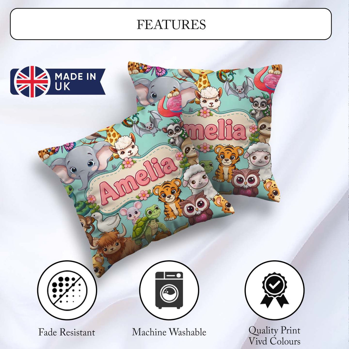 Custom Name Cute Cartoon Jungle Animals Seamless Pattern on Teal Square Filled Cushion Throw Pillow Sofa Bed Home Decor Zip Washable UK Made