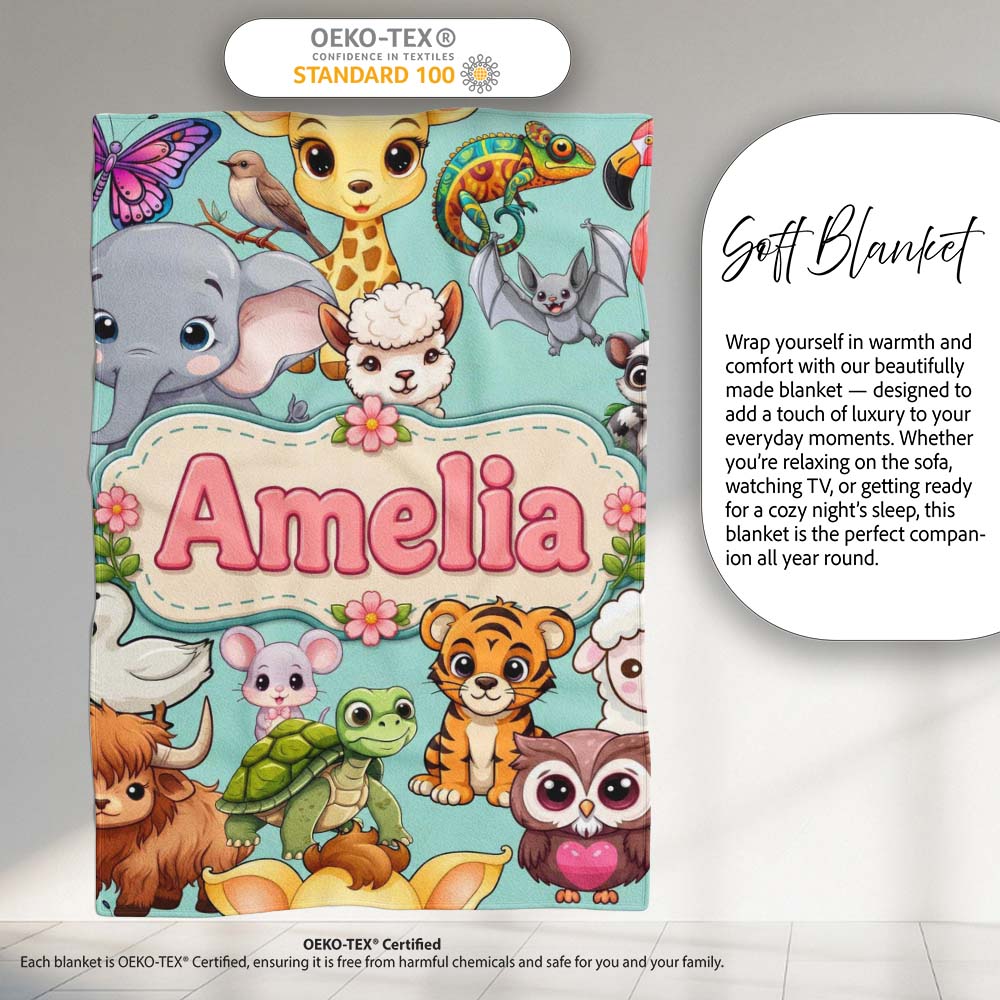Cute Cartoon Jungle Safari Animals Seamless Pattern on Teal Lovely  Personalised Custom Name Super Soft Fleece Blanket Bed Sofa Throw