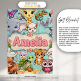 Cute Cartoon Jungle Safari Animals Seamless Pattern on Teal Lovely  Personalised Custom Name Super Soft Fleece Blanket Bed Sofa Throw