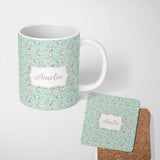 Personalized Custom Name Pink Rose Floral Seamless Pattern Delicate Vintage Botanical Garden 11oz Ceramic Coffee Tea Mug White Large Handle