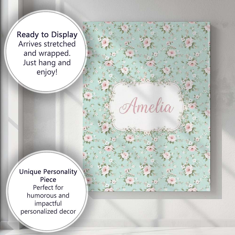 Personalised Name Pink Rose Floral Seamless Custom  Bespoke Interior Contemporary Canvas Wall Art Print Decor Picture Ready to Hang
