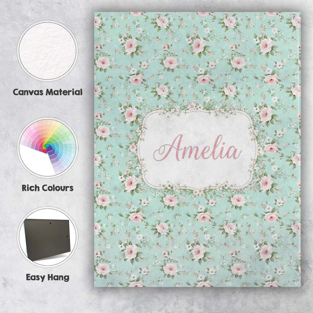 Personalised Name Pink Rose Floral Seamless Custom  Bespoke Interior Contemporary Canvas Wall Art Print Decor Picture Ready to Hang