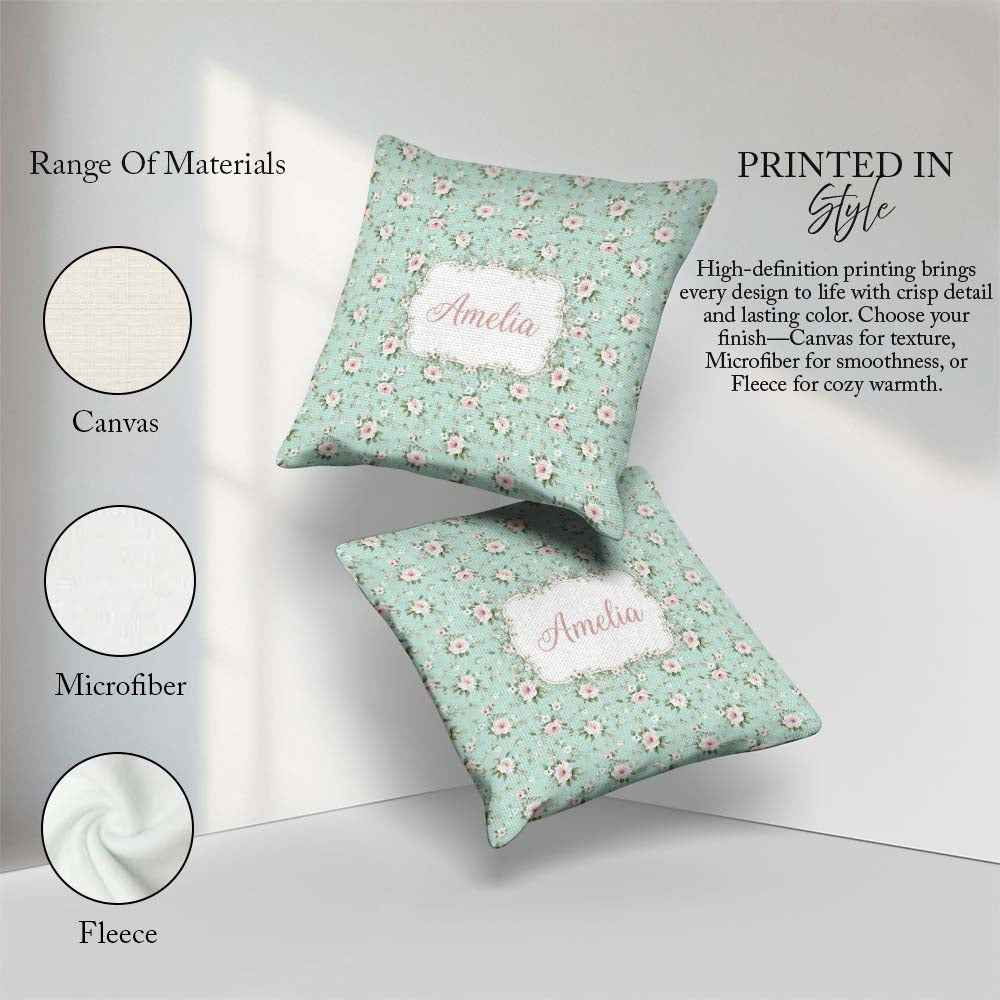 Custom Name Pink Rose Floral Seamless Pattern Delicate Botanical Square Filled Cushion Throw Pillow Sofa Bed Home Decor Zip Washable UK Made
