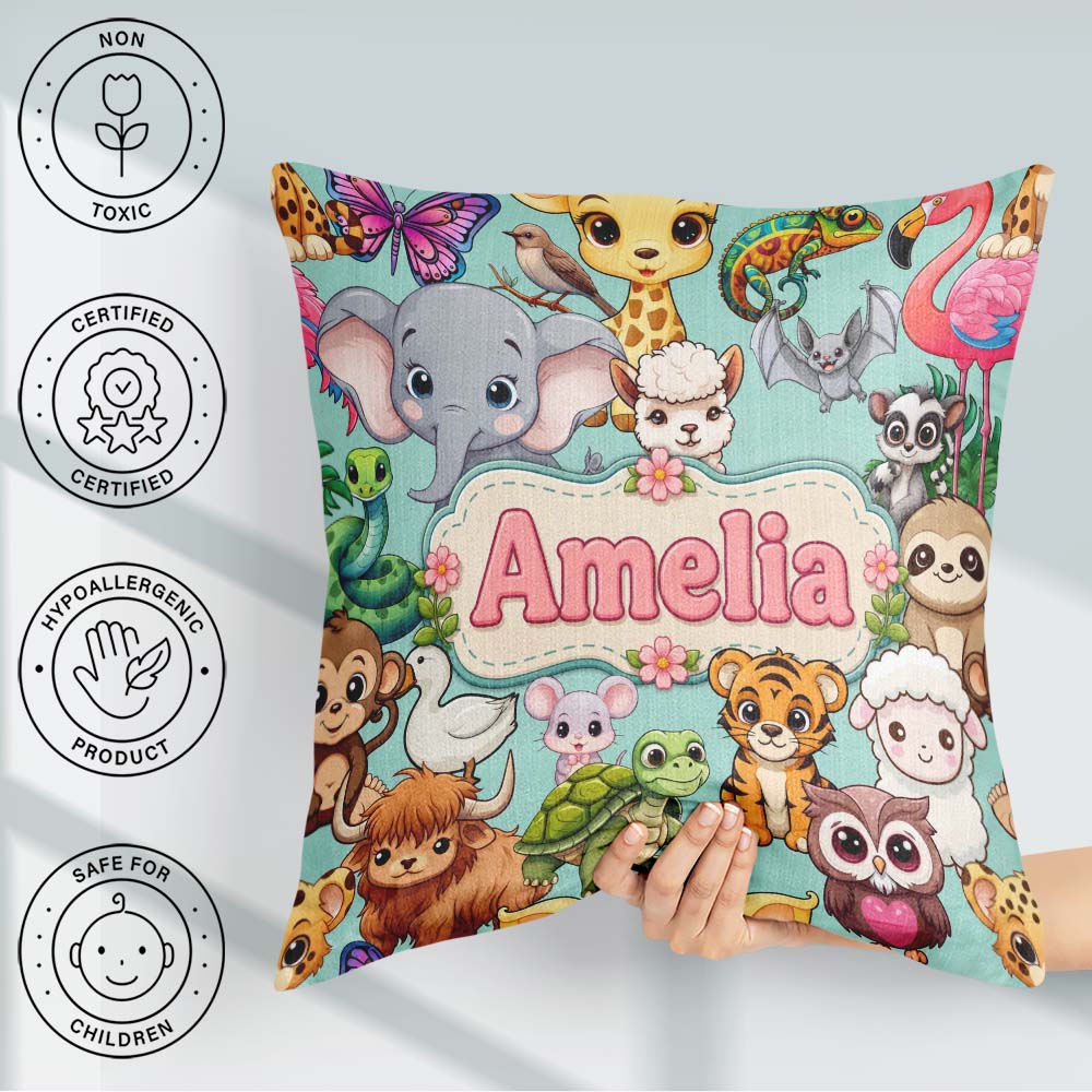 Custom Name Cute Cartoon Jungle Animals Seamless Pattern on Teal Square Filled Cushion Throw Pillow Sofa Bed Home Decor Zip Washable UK Made