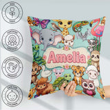 Custom Name Cute Cartoon Jungle Animals Seamless Pattern on Teal Square Filled Cushion Throw Pillow Sofa Bed Home Decor Zip Washable UK Made