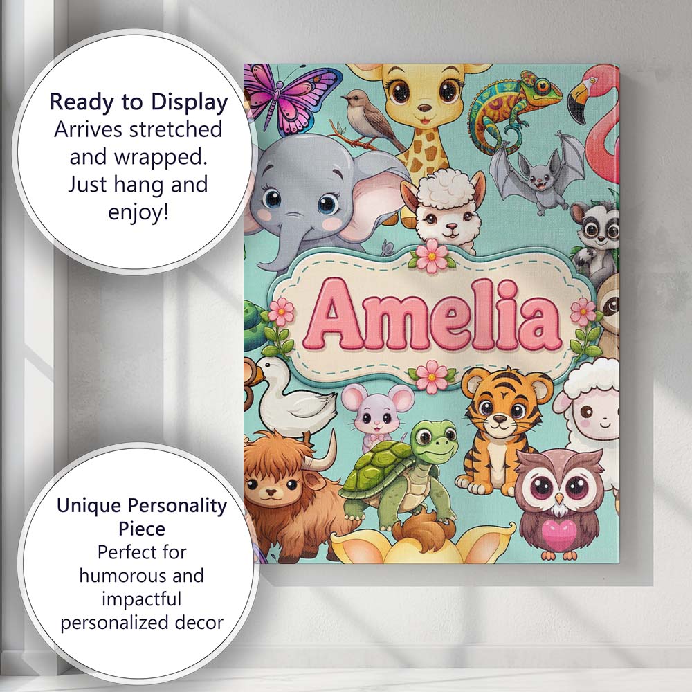 Personalised Name Cute Cartoon Jungle Custom Modern Room Accent Creative Decorator Style Canvas Wall Art Print Decor Picture Ready to Hang