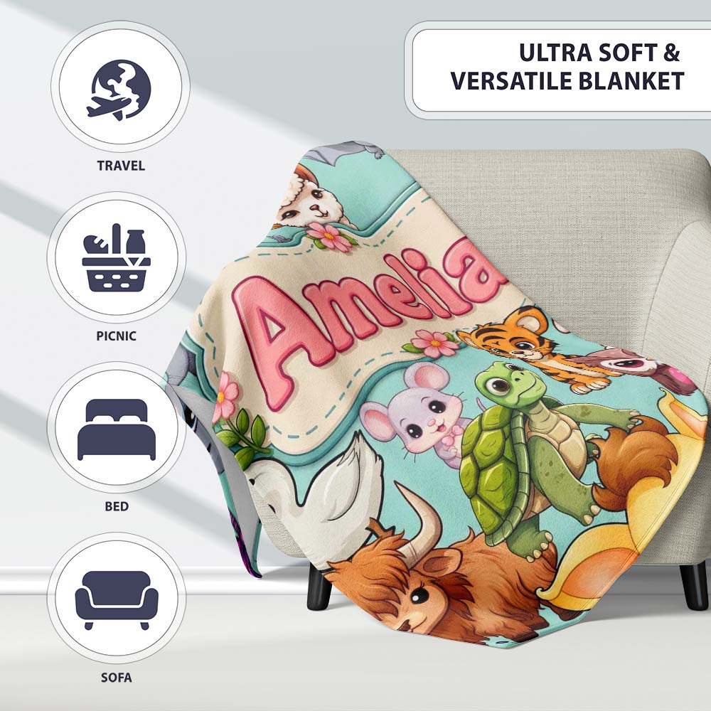 Cute Cartoon Jungle Safari Animals Seamless Pattern on Teal Lovely  Personalised Custom Name Super Soft Fleece Blanket Bed Sofa Throw