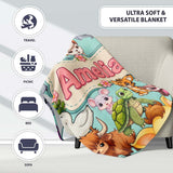 Cute Cartoon Jungle Safari Animals Seamless Pattern on Teal Lovely  Personalised Custom Name Super Soft Fleece Blanket Bed Sofa Throw
