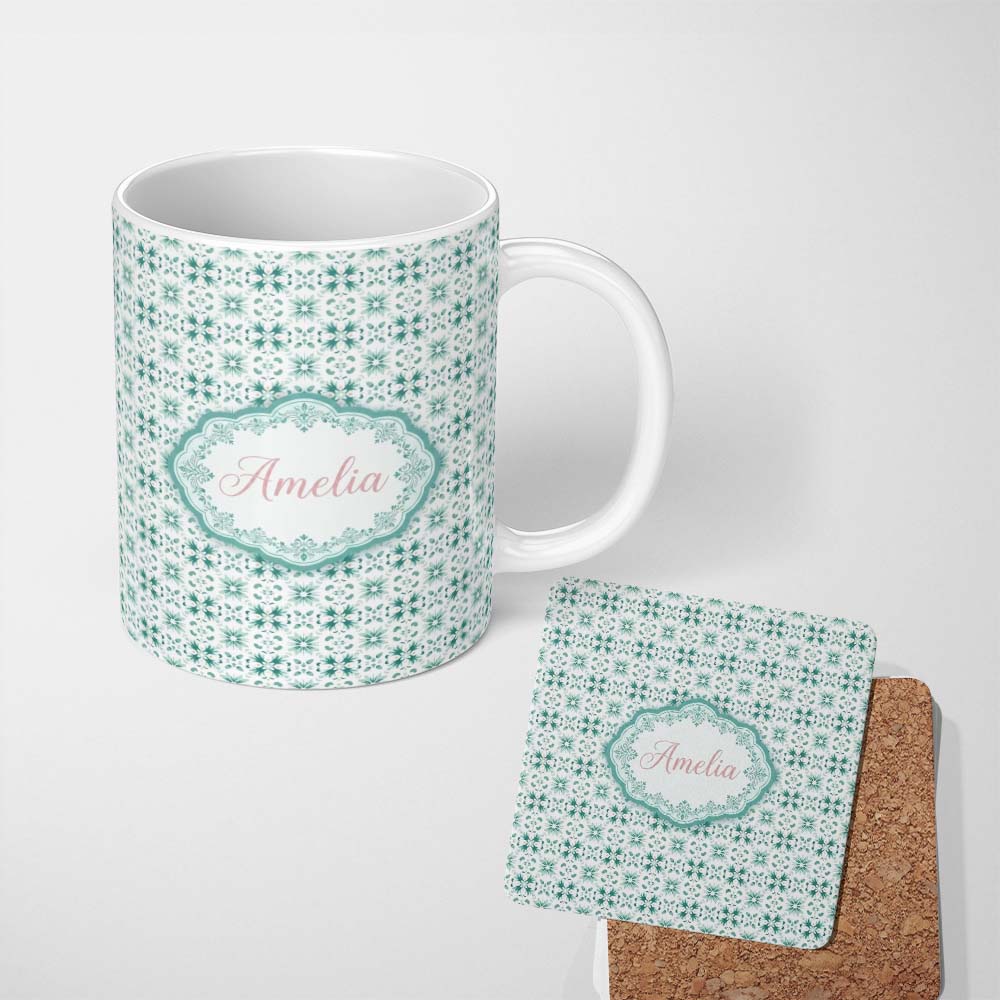 Personalized Custom Name Teal Geometric Floral Seamless Pattern Decorative Symmetric Tile 11oz Ceramic Coffee Tea Mug White Large Handle