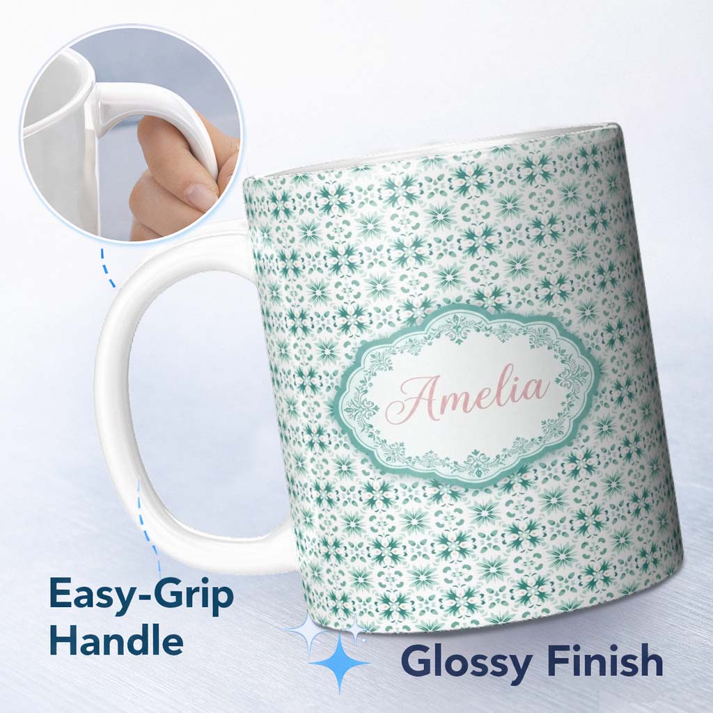 Personalized Custom Name Teal Geometric Floral Seamless Pattern Decorative Symmetric Tile 11oz Ceramic Coffee Tea Mug White Large Handle