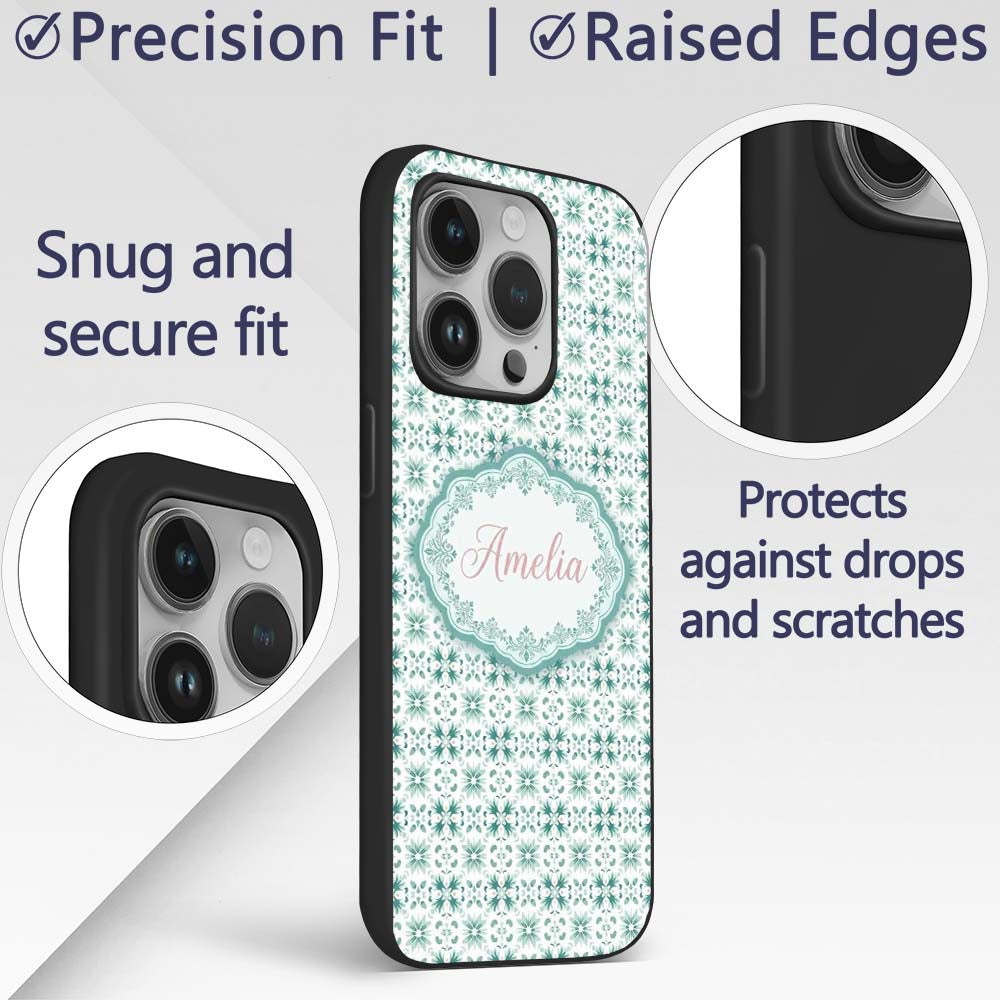 Teal Geometric Floral Seamless Pattern Decorative Custom Name Protective Phone Case Mobile Cover Durable Everyday Smartphone Shock Resistant