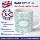 Personalized Custom Name Teal Geometric Floral Seamless Pattern Decorative Symmetric Tile 11oz Ceramic Coffee Tea Mug White Large Handle