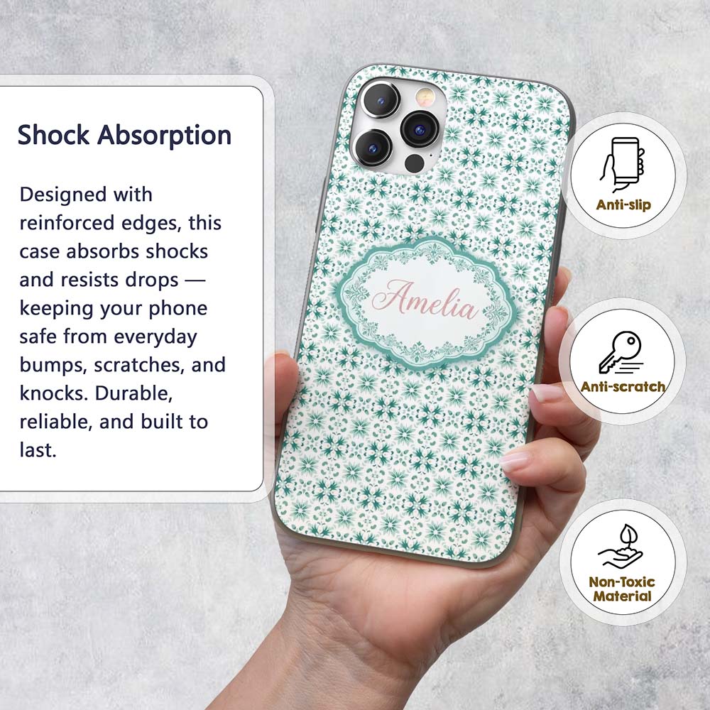 Teal Geometric Floral Seamless Pattern Decorative Custom Name Protective Phone Case Mobile Cover Durable Everyday Smartphone Shock Resistant