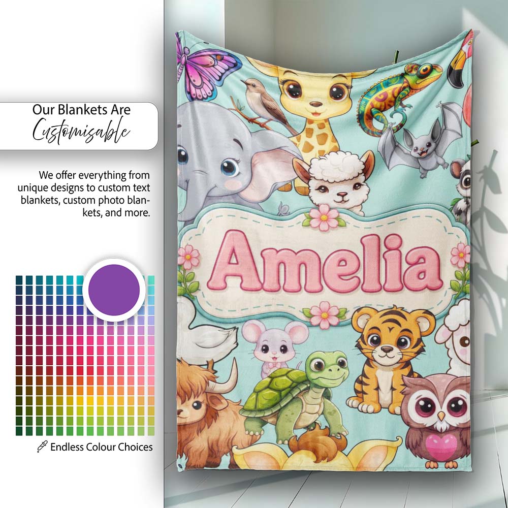 Cute Cartoon Jungle Safari Animals Seamless Pattern on Teal Lovely  Personalised Custom Name Super Soft Fleece Blanket Bed Sofa Throw