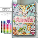 Cute Cartoon Jungle Safari Animals Seamless Pattern on Teal Lovely  Personalised Custom Name Super Soft Fleece Blanket Bed Sofa Throw