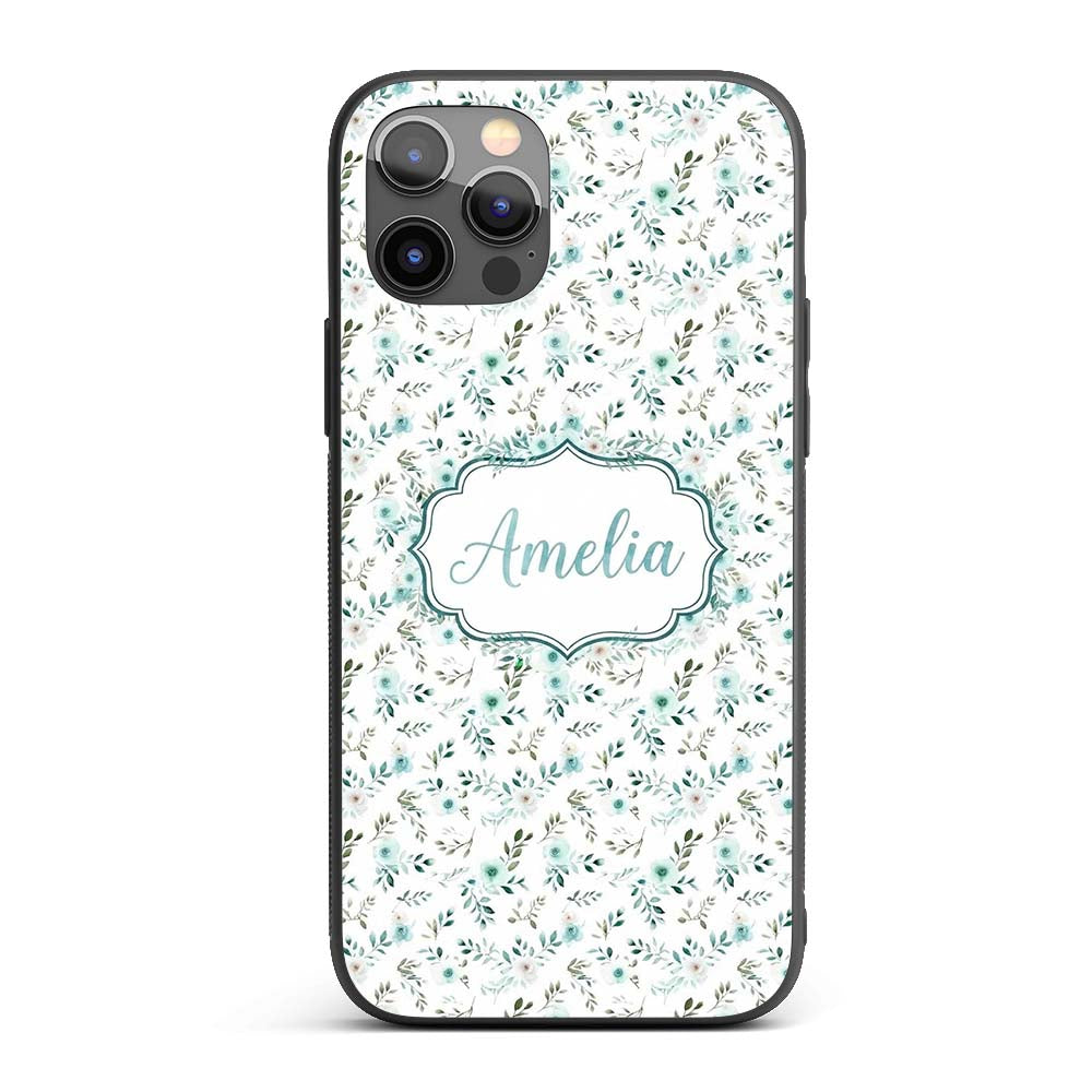 Teal Watercolor Floral Leaves Seamless Pattern Custom Name Protective Phone Case Mobile Cover Durable Everyday Smartphone Shock Resistant