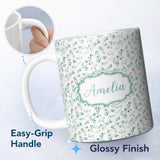 Personalized Custom Name Teal Watercolor Floral Leaves Seamless Pattern Soft Botanical 11oz Ceramic Coffee Tea Mug White Large Handle