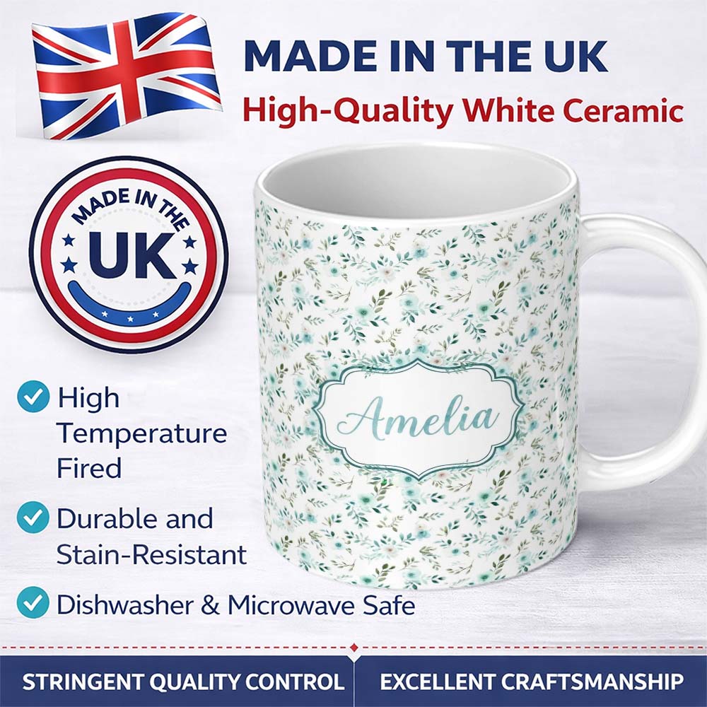 Personalized Custom Name Teal Watercolor Floral Leaves Seamless Pattern Soft Botanical 11oz Ceramic Coffee Tea Mug White Large Handle