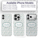 Teal Watercolor Floral Leaves Seamless Pattern Custom Name Protective Phone Case Mobile Cover Durable Everyday Smartphone Shock Resistant
