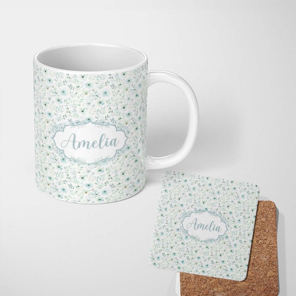 Personalized Custom Name Soft Mint Floral Blossom Seamless Pattern Delicate Watercolor 11oz Ceramic Coffee Tea Mug White Large Handle