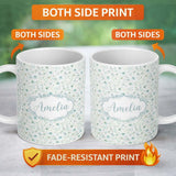 Personalized Custom Name Soft Mint Floral Blossom Seamless Pattern Delicate Watercolor 11oz Ceramic Coffee Tea Mug White Large Handle