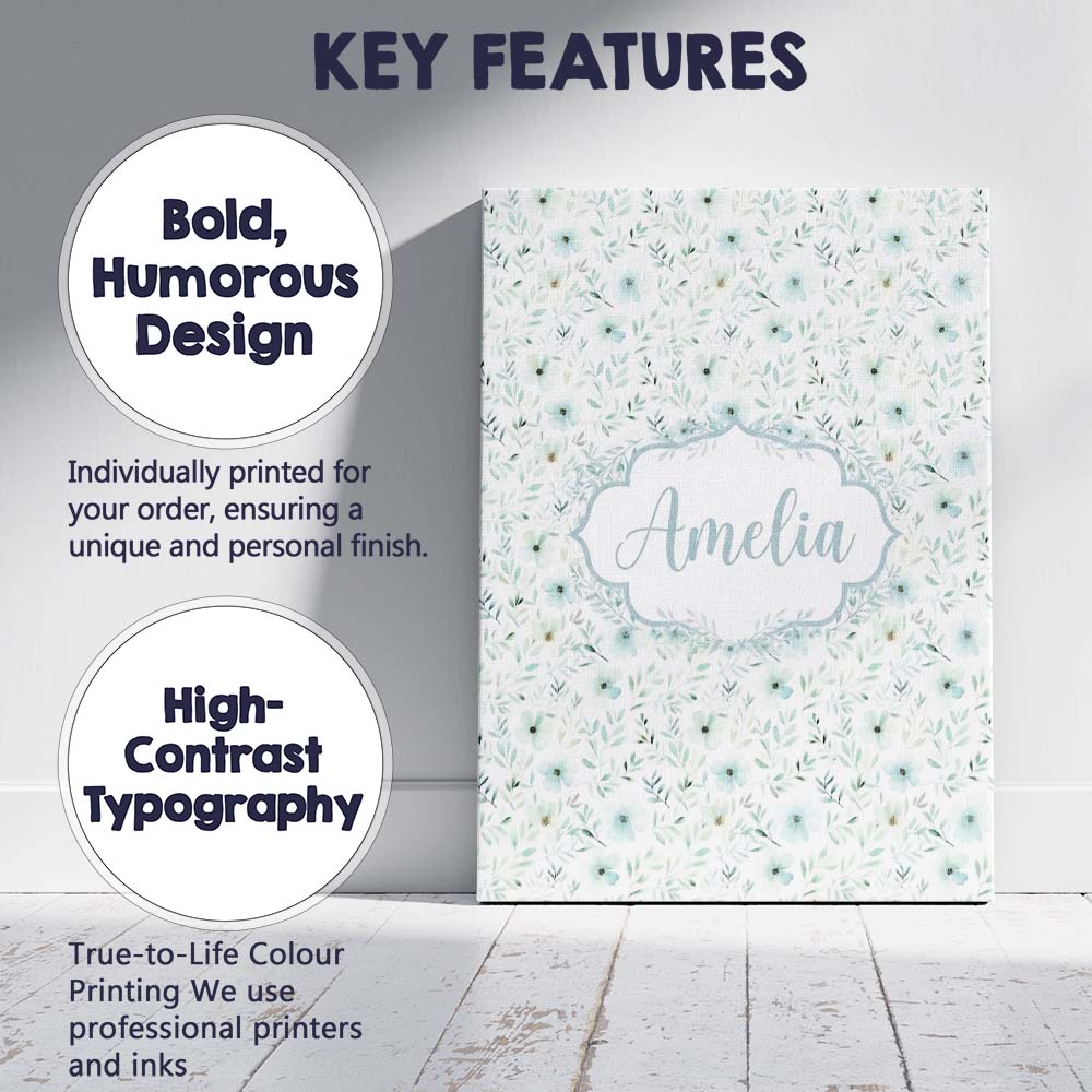 Personalised Name Soft Mint Floral Blossom Custom  Unique Gift Idea Elegant Feature Canvas Wall Art Print Decor Picture Ready to Hang