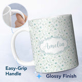 Personalized Custom Name Soft Mint Floral Blossom Seamless Pattern Delicate Watercolor 11oz Ceramic Coffee Tea Mug White Large Handle