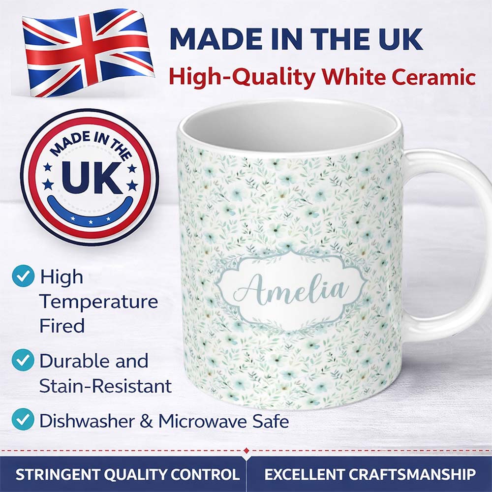 Personalized Custom Name Soft Mint Floral Blossom Seamless Pattern Delicate Watercolor 11oz Ceramic Coffee Tea Mug White Large Handle